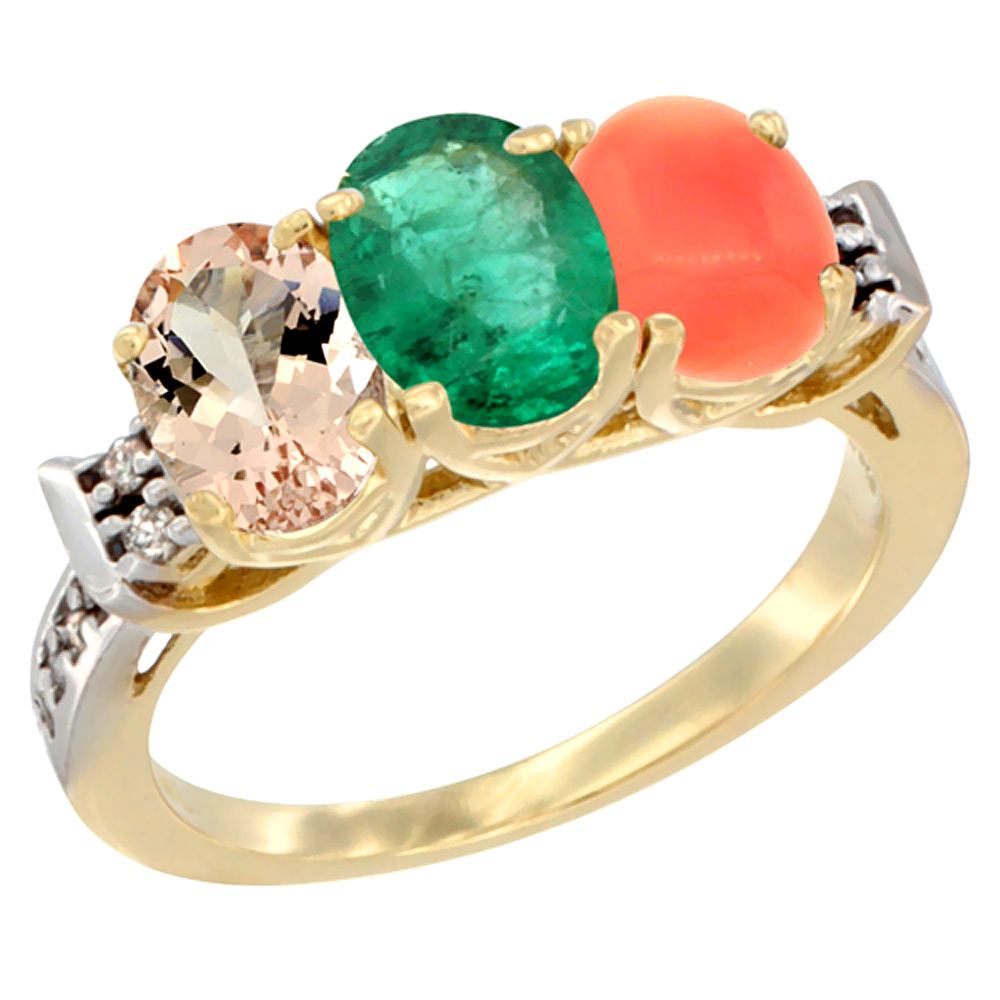 14K Yellow Gold Natural Morganite, Emerald &amp; Coral Ring 3-Stone Oval 7x5 mm Diamond Accent, sizes 5 - 10