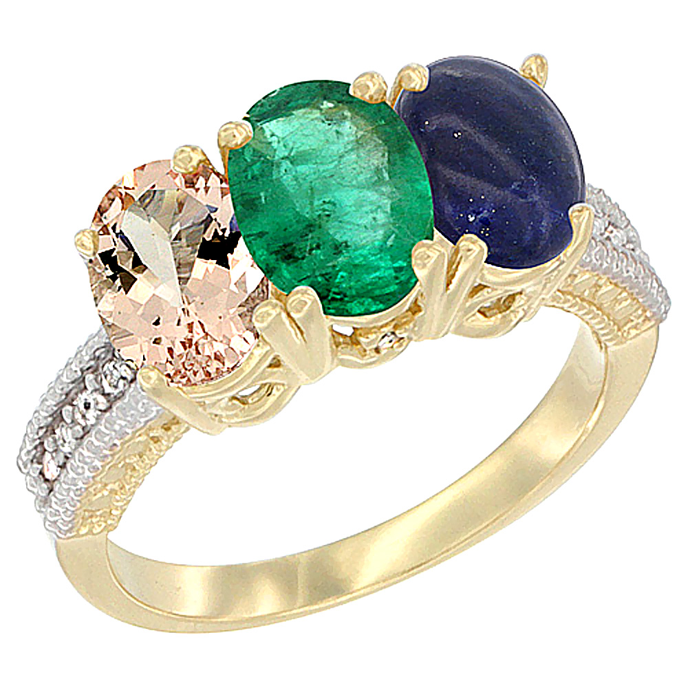 10K Yellow Gold Natural Morganite, Emerald &amp; Lapis Ring 3-Stone Oval 7x5 mm, sizes 5 - 10