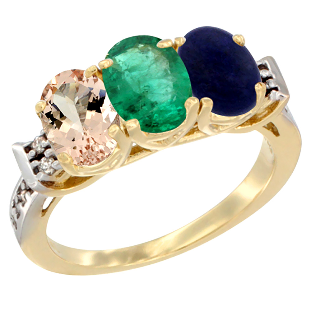 10K Yellow Gold Natural Morganite, Emerald & Lapis Ring 3-Stone Oval 7x5 mm Diamond Accent, sizes 5 - 10