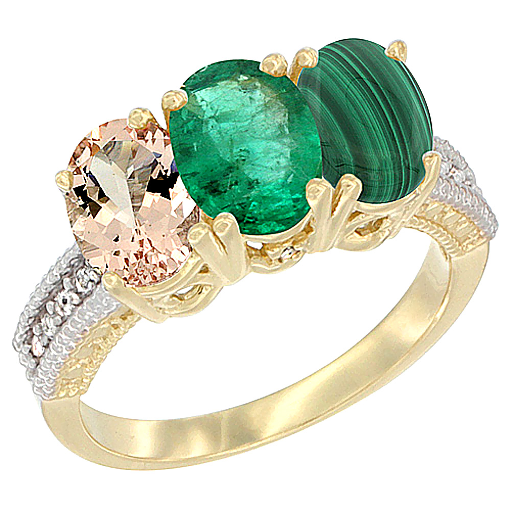 10K Yellow Gold Natural Morganite, Emerald &amp; Malachite Ring 3-Stone Oval 7x5 mm, sizes 5 - 10