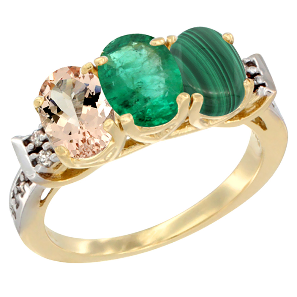 14K Yellow Gold Natural Morganite, Emerald & Malachite Ring 3-Stone Oval 7x5 mm Diamond Accent, sizes 5 - 10