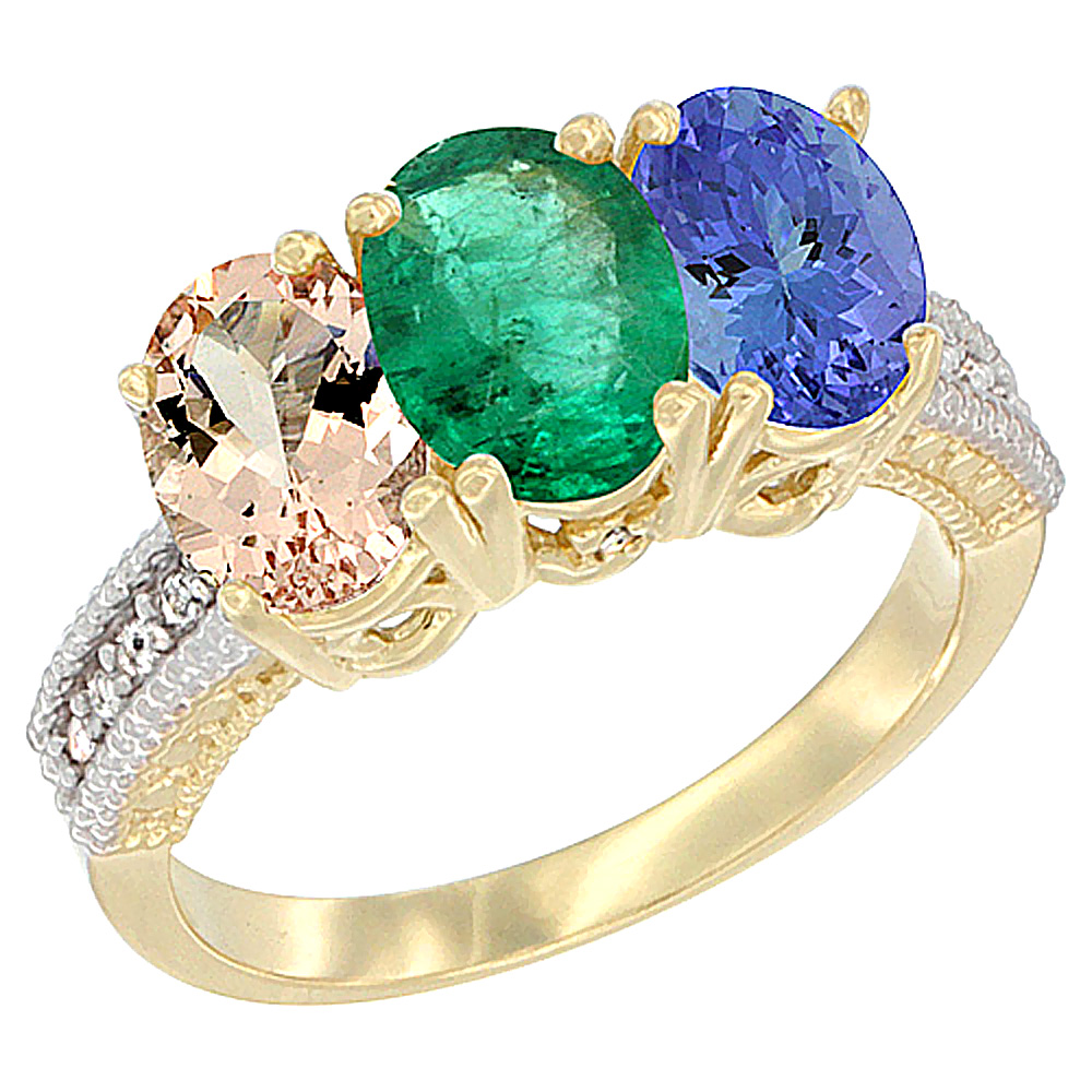 14K Yellow Gold Natural Morganite, Emerald & Tanzanite Ring 3-Stone Oval 7x5 mm Diamond Accent, sizes 5 - 10