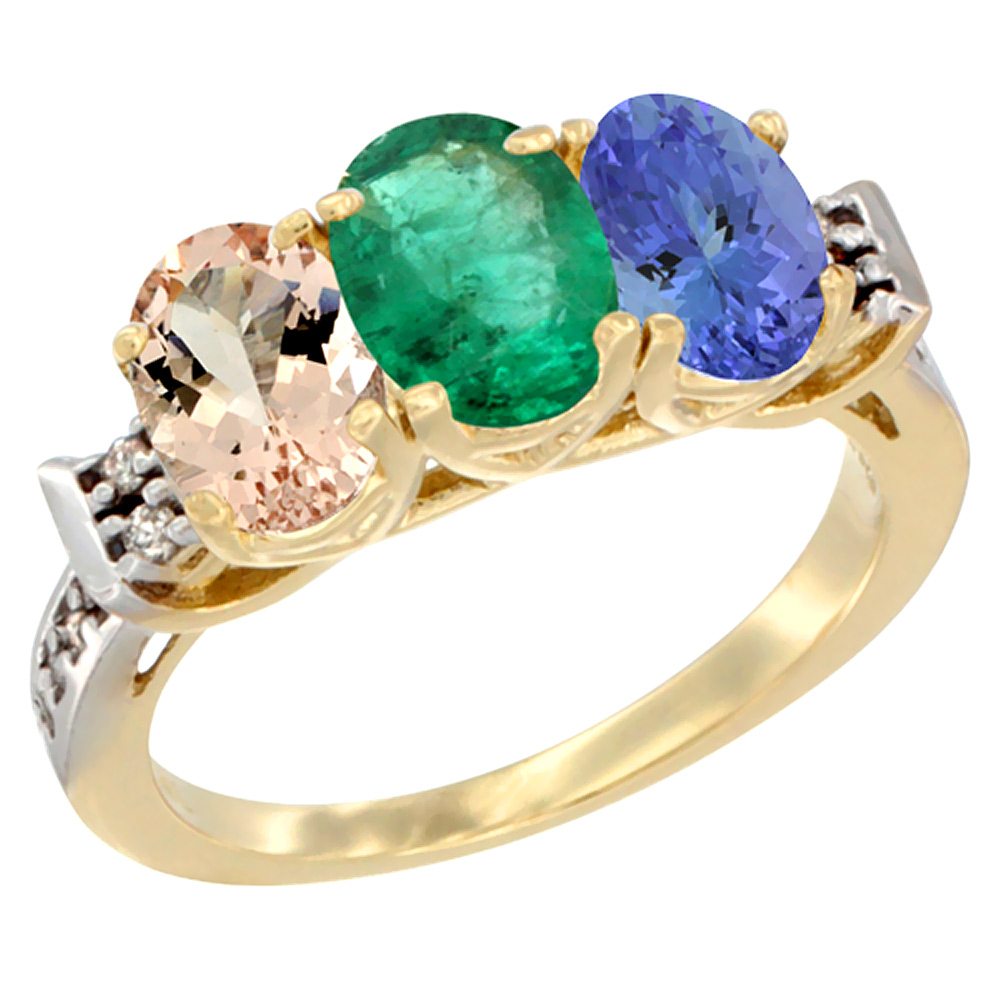 14K Yellow Gold Natural Morganite, Emerald &amp; Tanzanite Ring 3-Stone Oval 7x5 mm Diamond Accent, sizes 5 - 10
