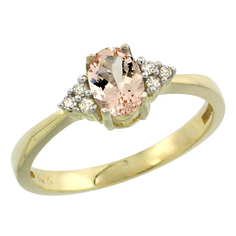 10K Yellow Gold Natural Morganite Ring Oval 6x4mm Diamond Accent, sizes 5-10