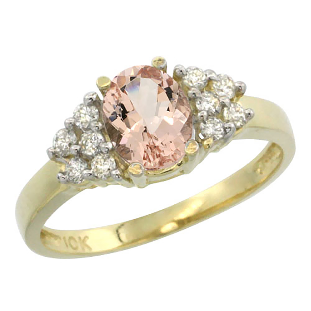 10K Yellow Gold Natural Morganite Ring Oval 8x6mm Diamond Accent, sizes 5-10