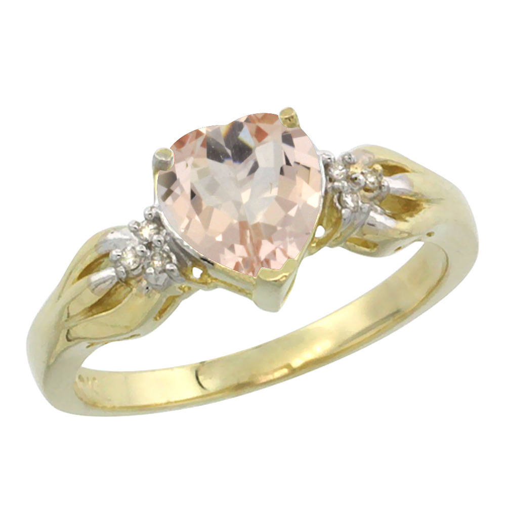 14K Yellow Gold Natural Morganite Ring Heart-shape 7x7mm Diamond Accent, sizes 5-10