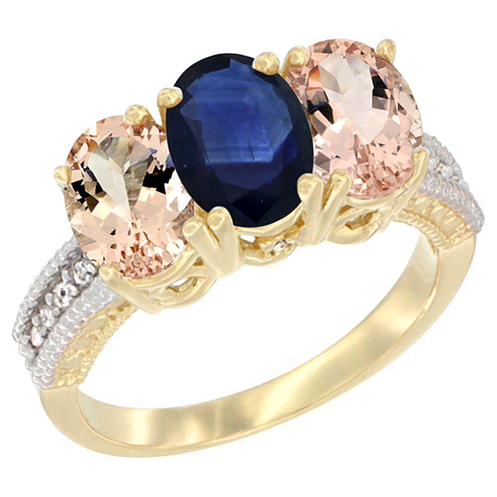 10K Yellow Gold Natural Blue Sapphire &amp; Morganite Ring 3-Stone Oval 7x5 mm, sizes 5 - 10