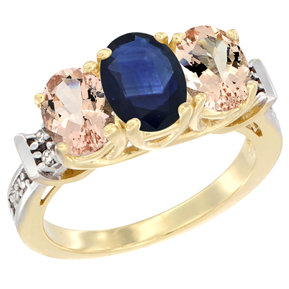 14K Yellow Gold Natural Blue Sapphire &amp; Morganite Sides Ring 3-Stone Oval Diamond Accent, sizes 5 - 10