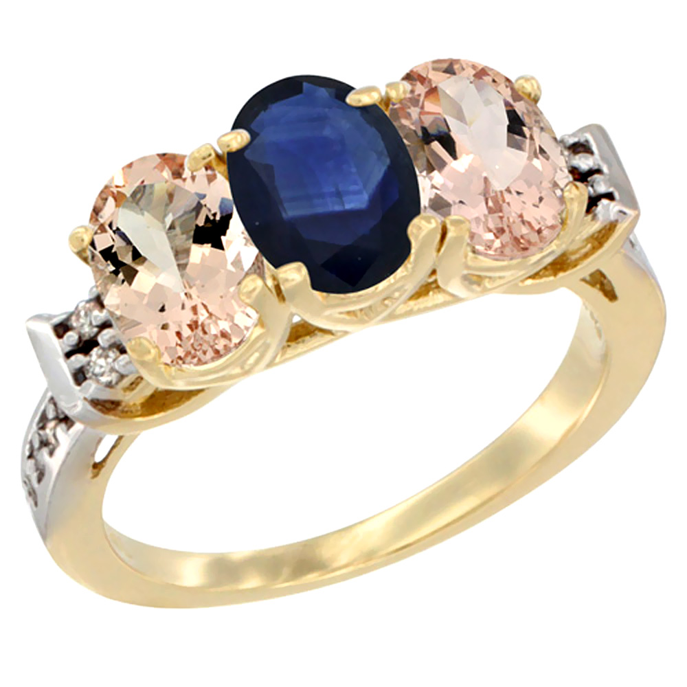 10K Yellow Gold Natural Blue Sapphire & Morganite Sides Ring 3-Stone Oval 7x5 mm Diamond Accent, sizes 5 - 10