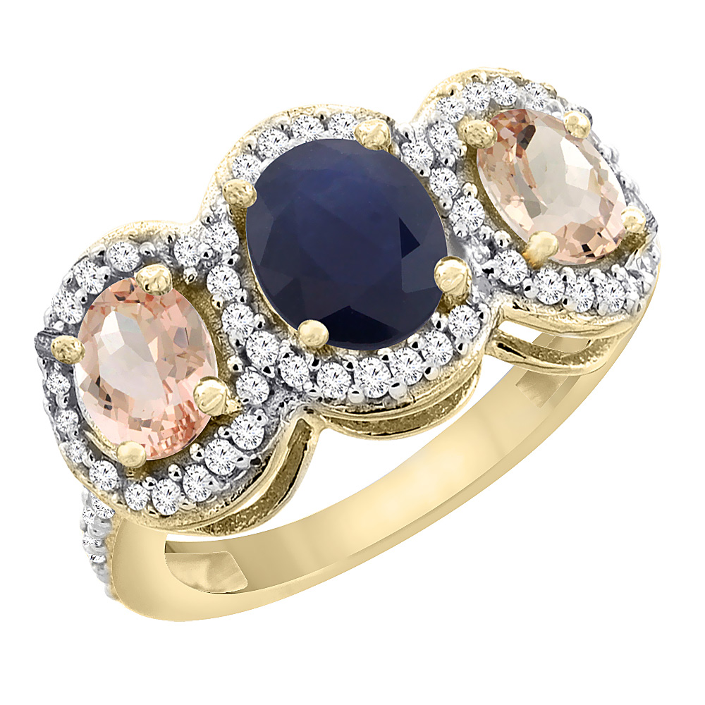 10K Yellow Gold Natural Blue Sapphire & Morganite 3-Stone Ring Oval Diamond Accent, sizes 5 - 10