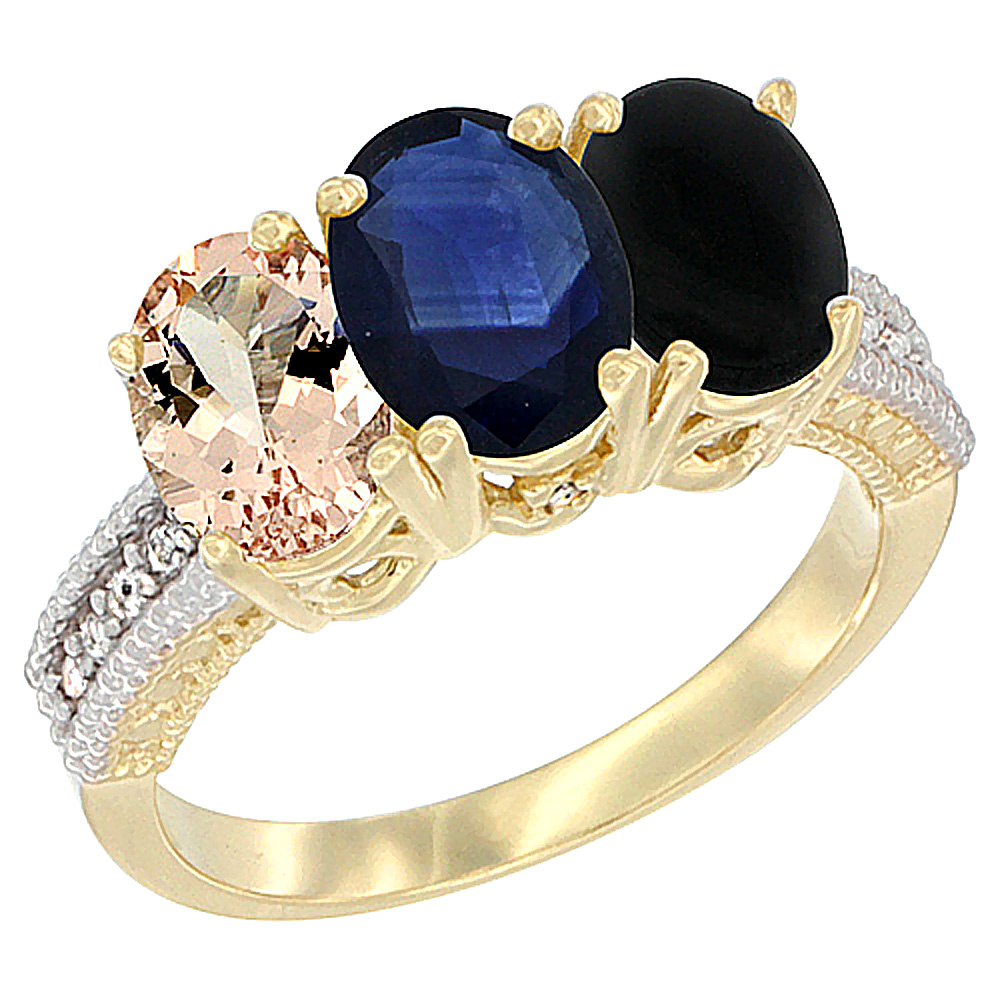 10K Yellow Gold Natural Morganite, Blue Sapphire & Black Onyx Ring 3-Stone Oval 7x5 mm, sizes 5 - 10