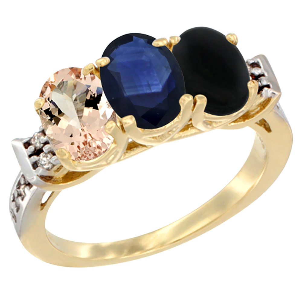 10K Yellow Gold Natural Morganite, Blue Sapphire &amp; Black Onyx Ring 3-Stone Oval 7x5 mm Diamond Accent, sizes 5 - 10