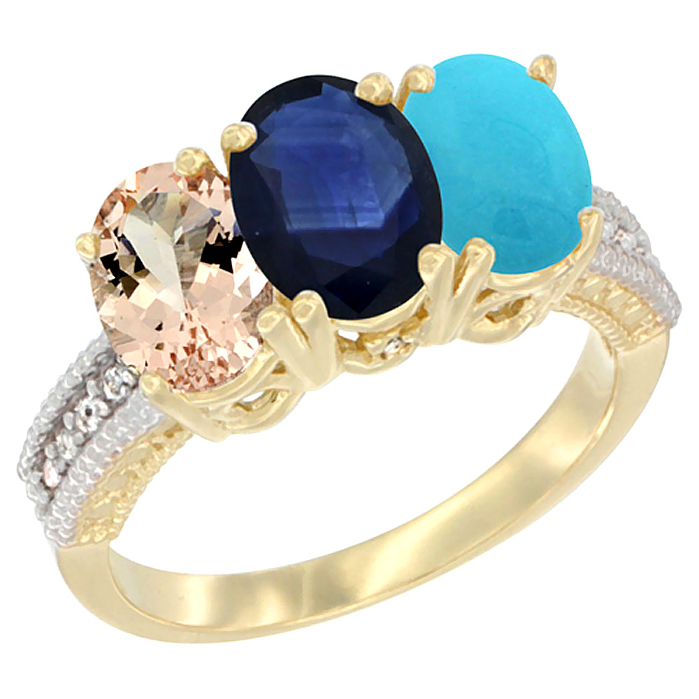 14K Yellow Gold Natural Morganite, Blue Sapphire &amp; Turquoise Ring 3-Stone Oval 7x5 mm Diamond Accent, sizes 5 - 10