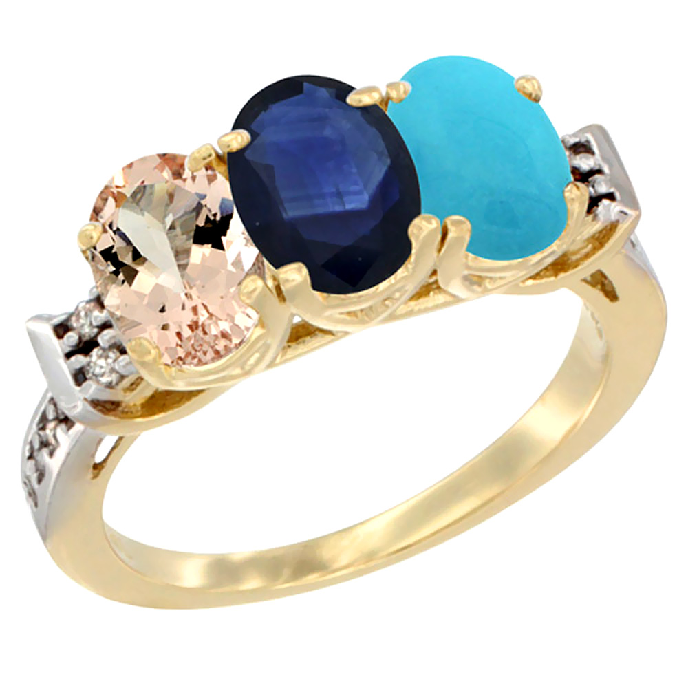 14K Yellow Gold Natural Morganite, Blue Sapphire & Turquoise Ring 3-Stone Oval 7x5 mm Diamond Accent, sizes 5 - 10
