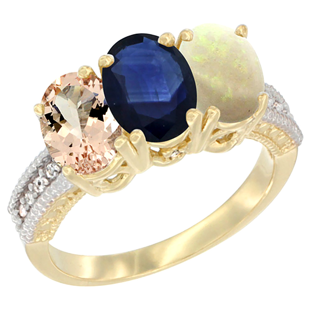 10K Yellow Gold Natural Morganite, Blue Sapphire & Opal Ring 3-Stone Oval 7x5 mm, sizes 5 - 10