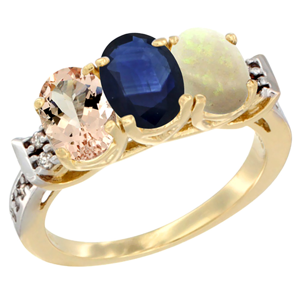 14K Yellow Gold Natural Morganite, Blue Sapphire &amp; Opal Ring 3-Stone Oval 7x5 mm Diamond Accent, sizes 5 - 10