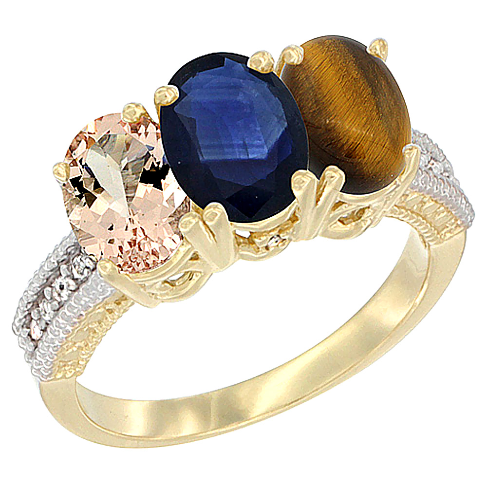 14K Yellow Gold Natural Morganite, Blue Sapphire &amp; Tiger Eye Ring 3-Stone Oval 7x5 mm Diamond Accent, sizes 5 - 10