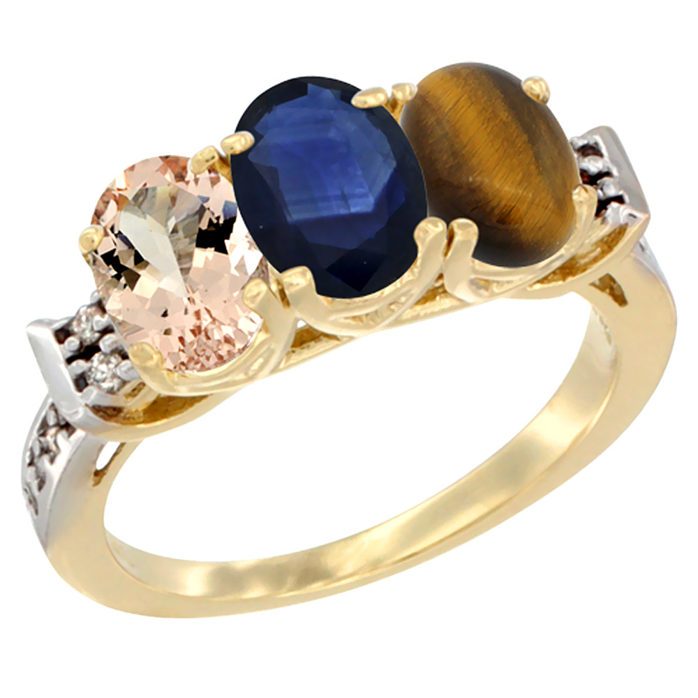 10K Yellow Gold Natural Morganite, Blue Sapphire &amp; Tiger Eye Ring 3-Stone Oval 7x5 mm Diamond Accent, sizes 5 - 10