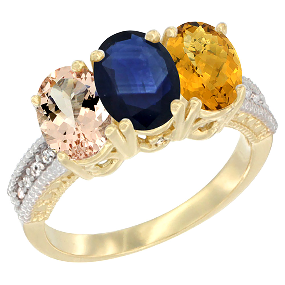 14K Yellow Gold Natural Morganite, Blue Sapphire & Whisky Quartz Ring 3-Stone Oval 7x5 mm Diamond Accent, sizes 5 - 10