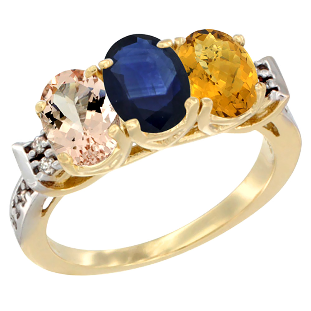 14K Yellow Gold Natural Morganite, Blue Sapphire &amp; Whisky Quartz Ring 3-Stone Oval 7x5 mm Diamond Accent, sizes 5 - 10
