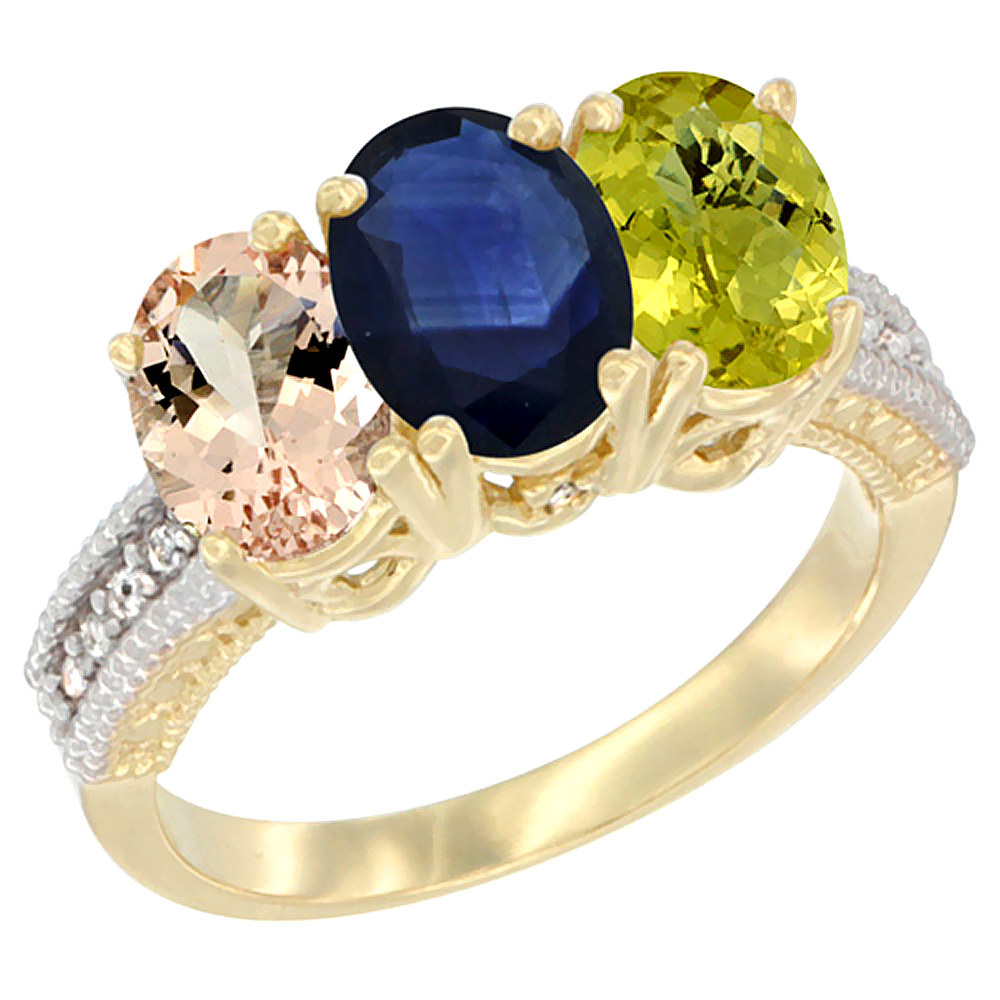 14K Yellow Gold Natural Morganite, Blue Sapphire & Lemon Quartz Ring 3-Stone Oval 7x5 mm Diamond Accent, sizes 5 - 10