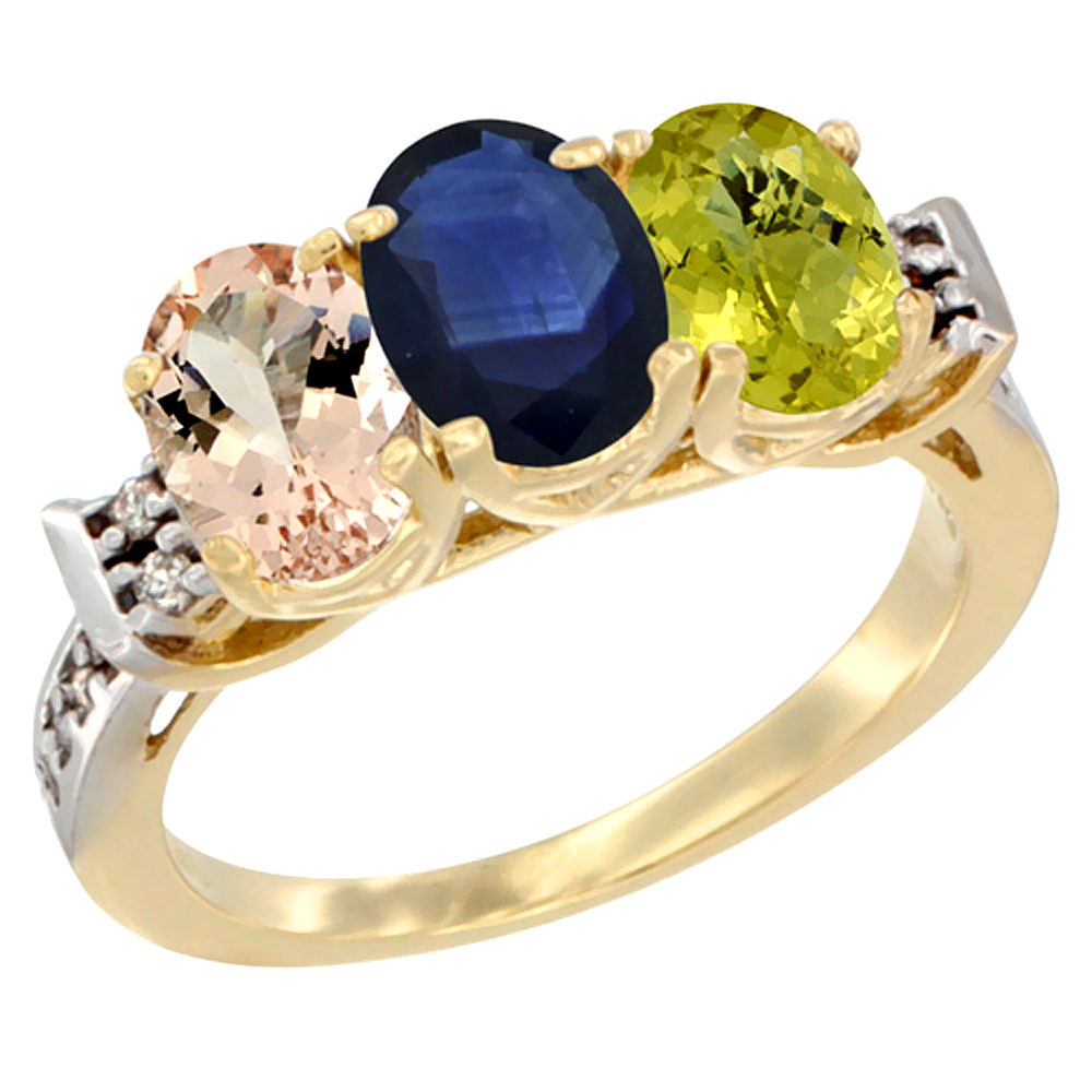 10K Yellow Gold Natural Morganite, Blue Sapphire & Lemon Quartz Ring 3-Stone Oval 7x5 mm Diamond Accent, sizes 5 - 10