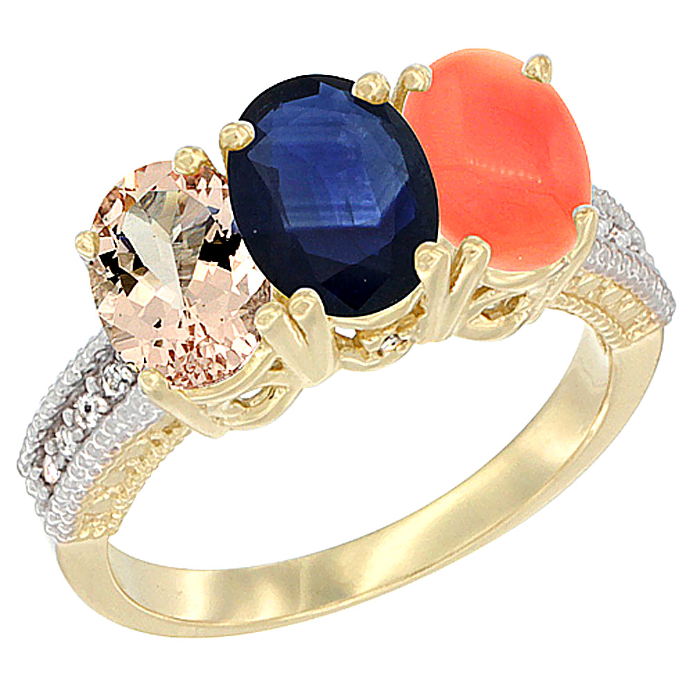 14K Yellow Gold Natural Morganite, Blue Sapphire &amp; Coral Ring 3-Stone Oval 7x5 mm Diamond Accent, sizes 5 - 10