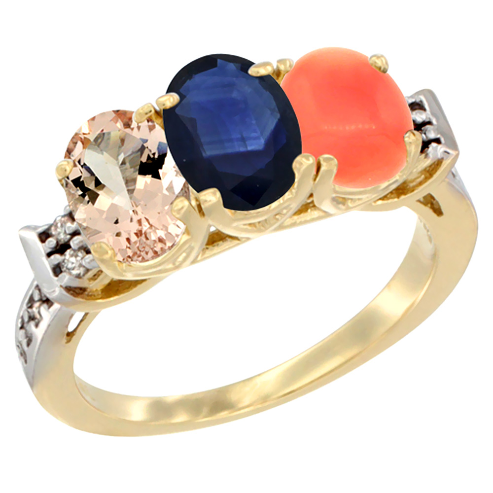 14K Yellow Gold Natural Morganite, Blue Sapphire &amp; Coral Ring 3-Stone Oval 7x5 mm Diamond Accent, sizes 5 - 10