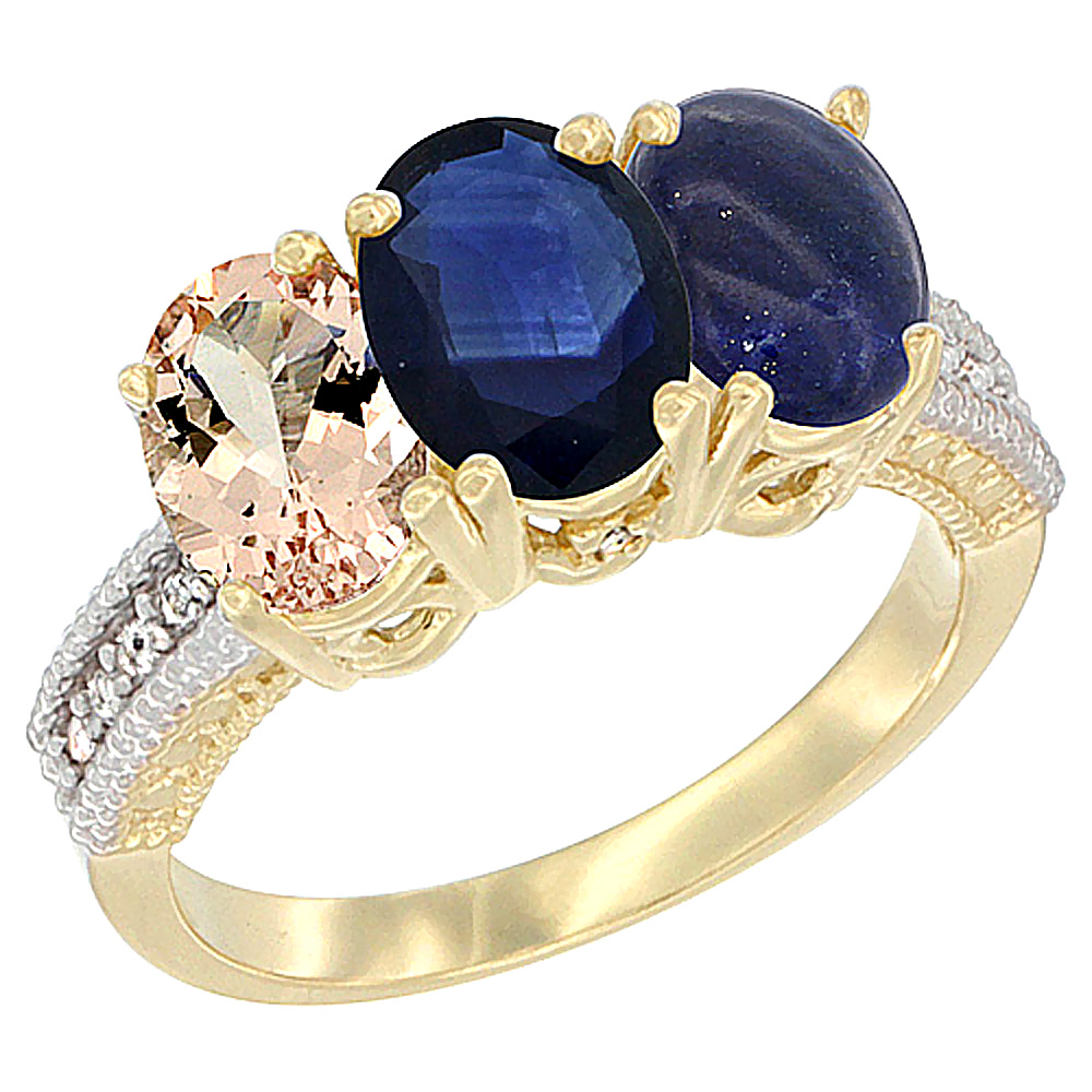 14K Yellow Gold Natural Morganite, Blue Sapphire &amp; Lapis Ring 3-Stone Oval 7x5 mm Diamond Accent, sizes 5 - 10