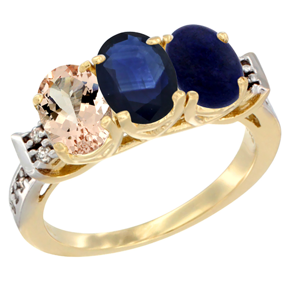 10K Yellow Gold Natural Morganite, Blue Sapphire &amp; Lapis Ring 3-Stone Oval 7x5 mm Diamond Accent, sizes 5 - 10