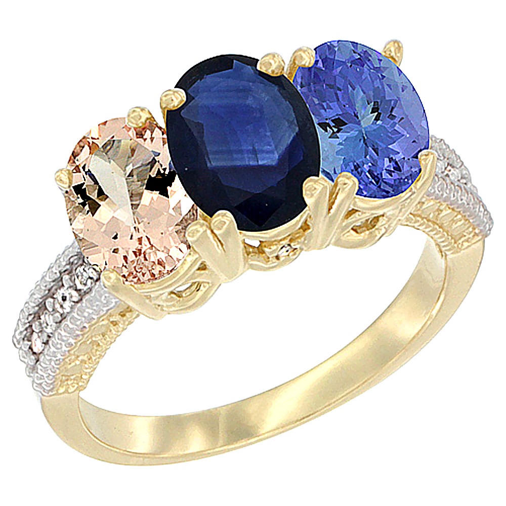 14K Yellow Gold Natural Morganite, Blue Sapphire & Tanzanite Ring 3-Stone Oval 7x5 mm Diamond Accent, sizes 5 - 10