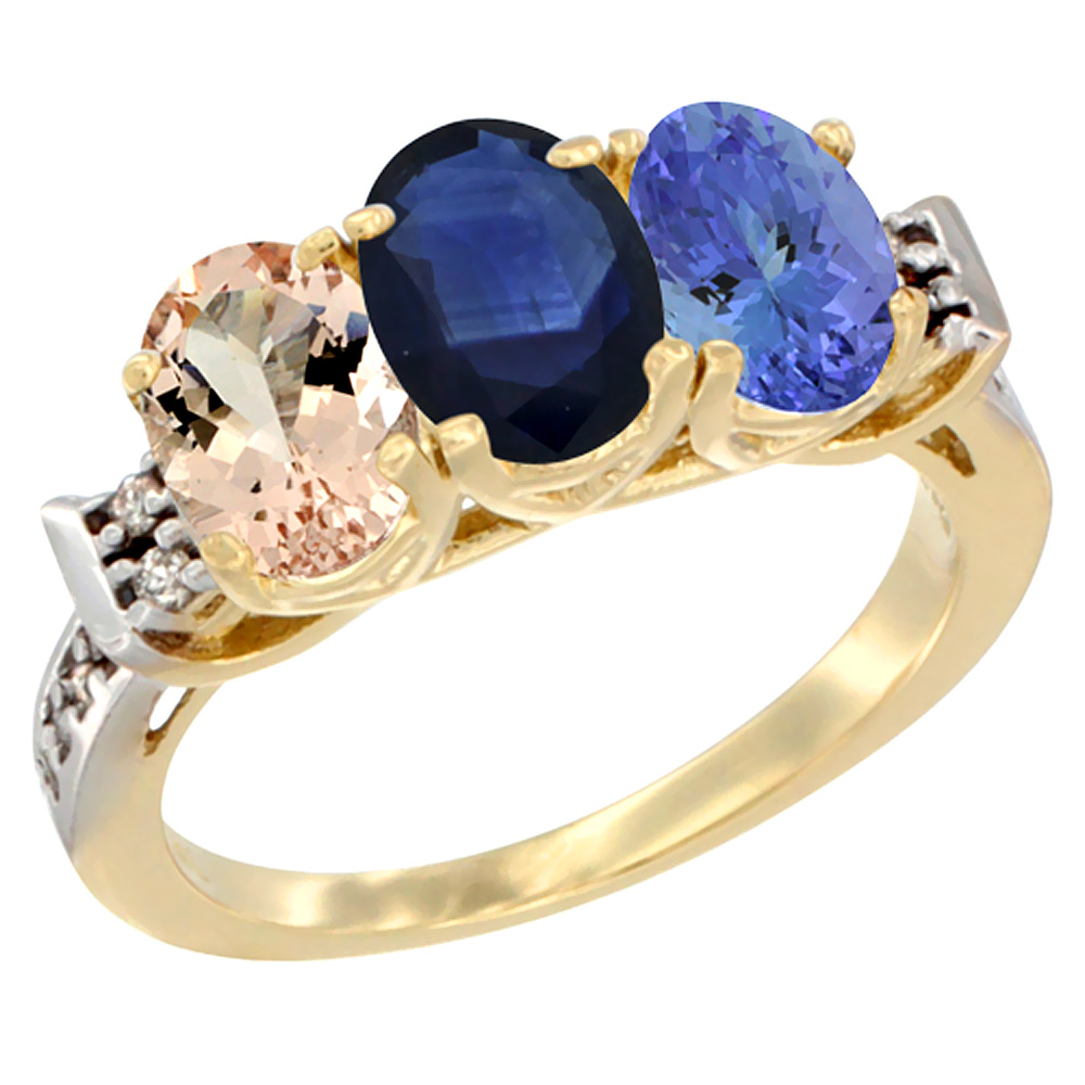 10K Yellow Gold Natural Morganite, Blue Sapphire &amp; Tanzanite Ring 3-Stone Oval 7x5 mm Diamond Accent, sizes 5 - 10
