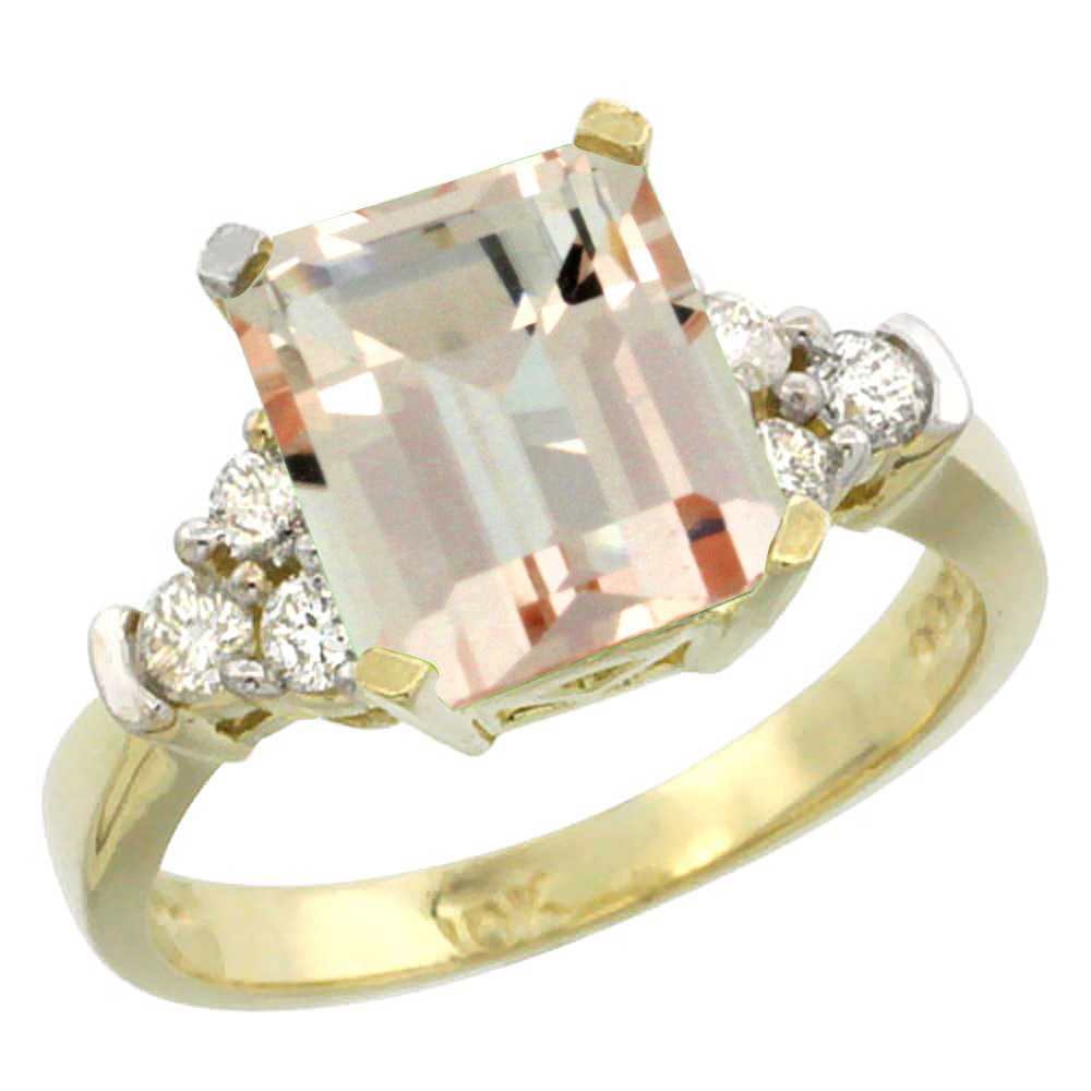 10K Yellow Gold Natural Morganite Ring Octagon 9x7mm Diamond Accent, sizes 5-10