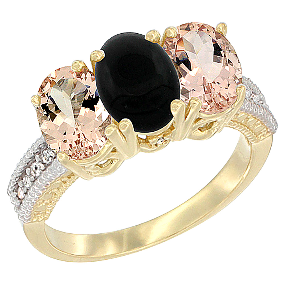 14K Yellow Gold Natural Black Onyx &amp; Morganite Sides Ring 3-Stone Oval 7x5 mm Diamond Accent, sizes 5 - 10