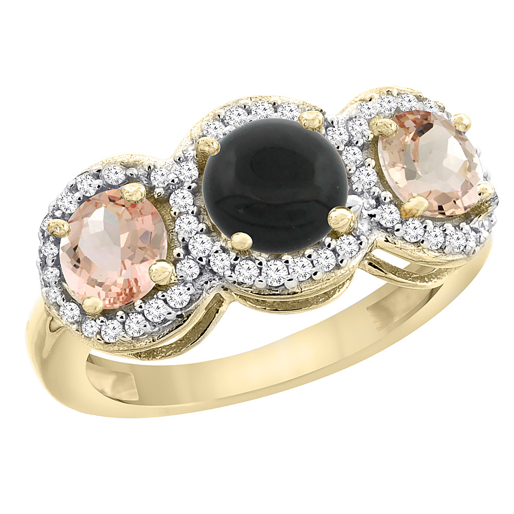 10K Yellow Gold Natural Black Onyx & Morganite Sides Round 3-stone Ring Diamond Accents, sizes 5 - 10