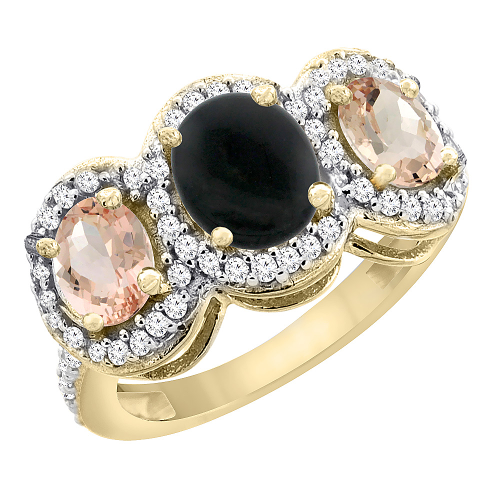 10K Yellow Gold Natural Black Onyx &amp; Morganite 3-Stone Ring Oval Diamond Accent, sizes 5 - 10