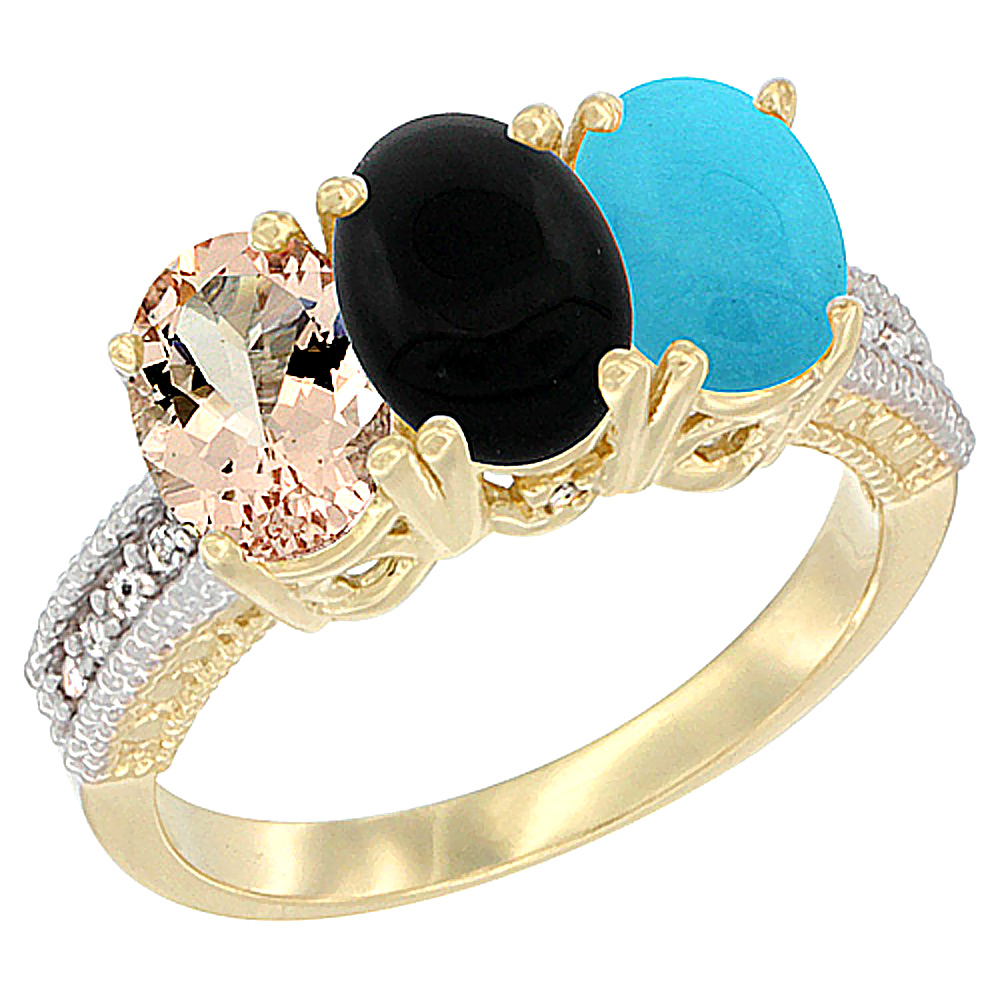 14K Yellow Gold Natural Morganite, Black Onyx &amp; Turquoise Ring 3-Stone Oval 7x5 mm Diamond Accent, sizes 5 - 10