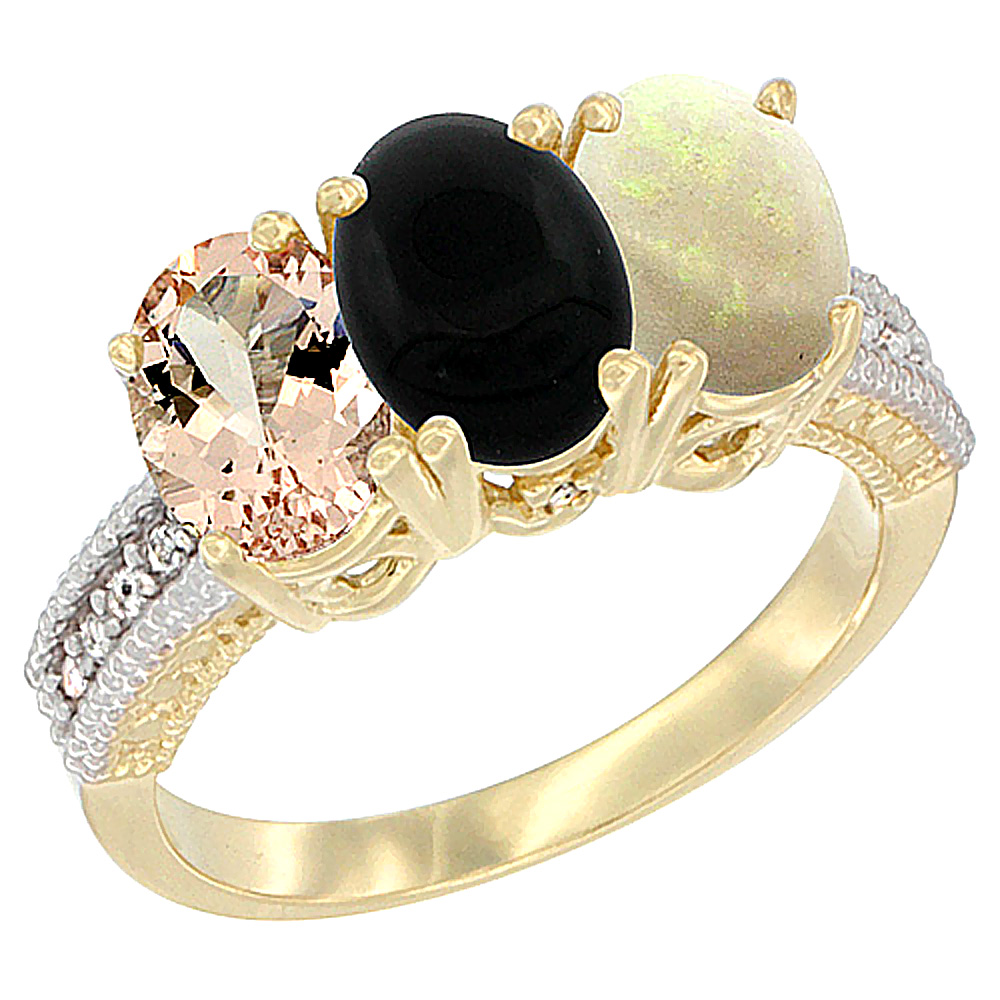 10K Yellow Gold Natural Morganite, Black Onyx &amp; Opal Ring 3-Stone Oval 7x5 mm, sizes 5 - 10