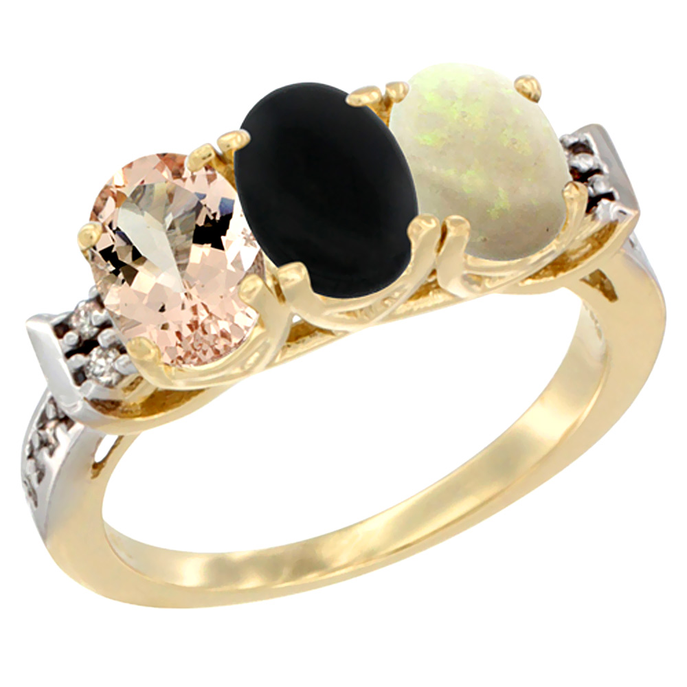 10K Yellow Gold Natural Morganite, Black Onyx &amp; Opal Ring 3-Stone Oval 7x5 mm Diamond Accent, sizes 5 - 10