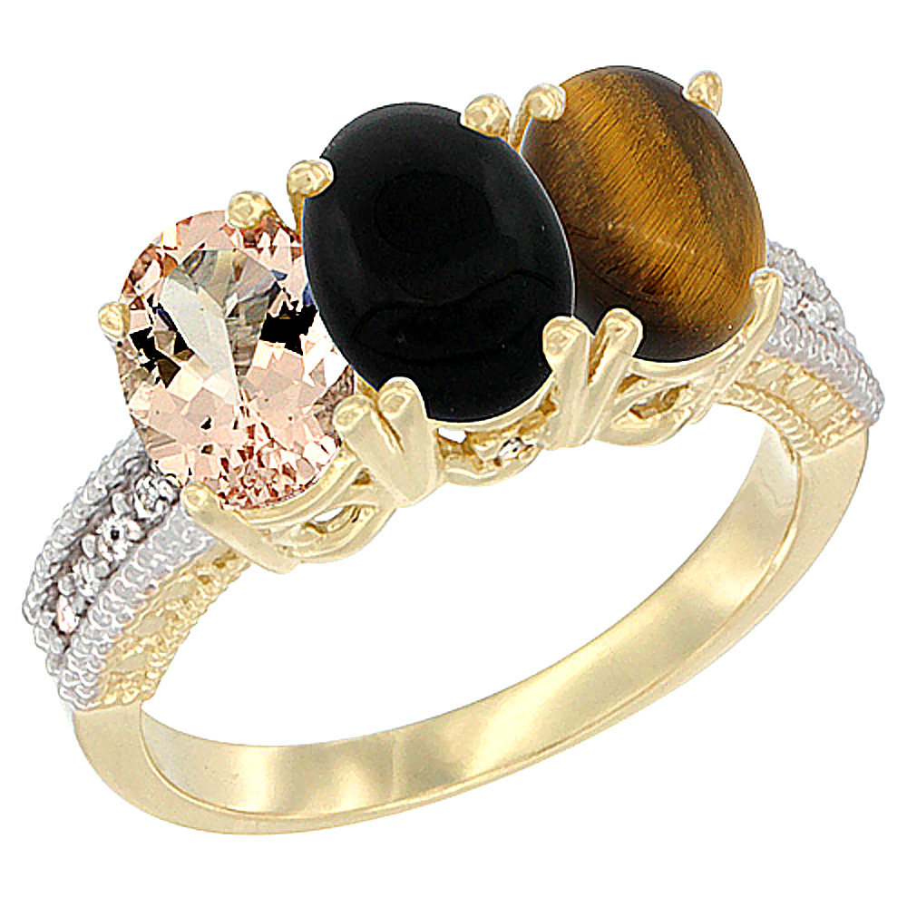 10K Yellow Gold Natural Morganite, Black Onyx &amp; Tiger Eye Ring 3-Stone Oval 7x5 mm, sizes 5 - 10