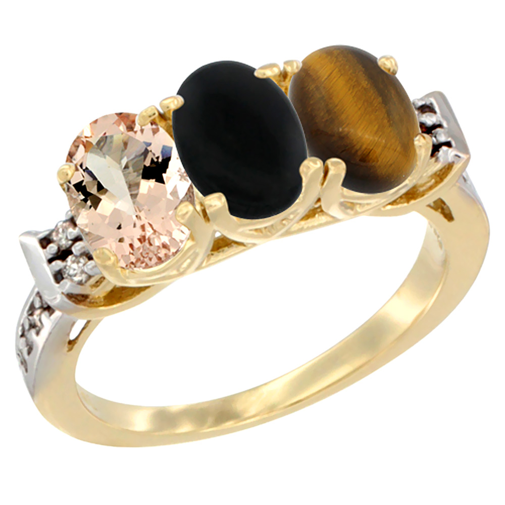 10K Yellow Gold Natural Morganite, Black Onyx &amp; Tiger Eye Ring 3-Stone Oval 7x5 mm Diamond Accent, sizes 5 - 10