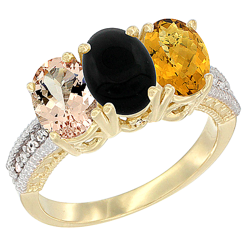 14K Yellow Gold Natural Morganite, Black Onyx &amp; Whisky Quartz Ring 3-Stone Oval 7x5 mm Diamond Accent, sizes 5 - 10