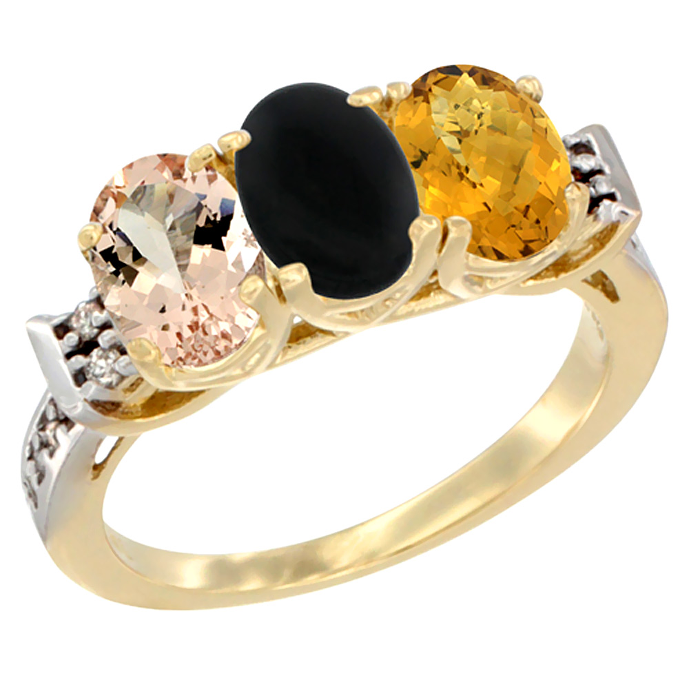 14K Yellow Gold Natural Morganite, Black Onyx &amp; Whisky Quartz Ring 3-Stone Oval 7x5 mm Diamond Accent, sizes 5 - 10
