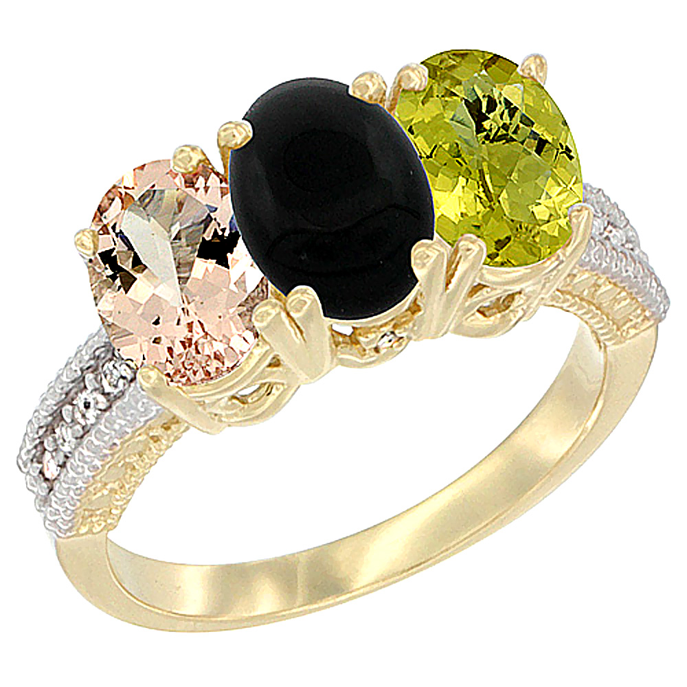14K Yellow Gold Natural Morganite, Black Onyx &amp; Lemon Quartz Ring 3-Stone Oval 7x5 mm Diamond Accent, sizes 5 - 10