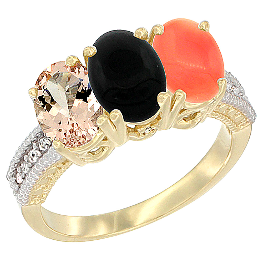 14K Yellow Gold Natural Morganite, Black Onyx & Coral Ring 3-Stone Oval 7x5 mm Diamond Accent, sizes 5 - 10