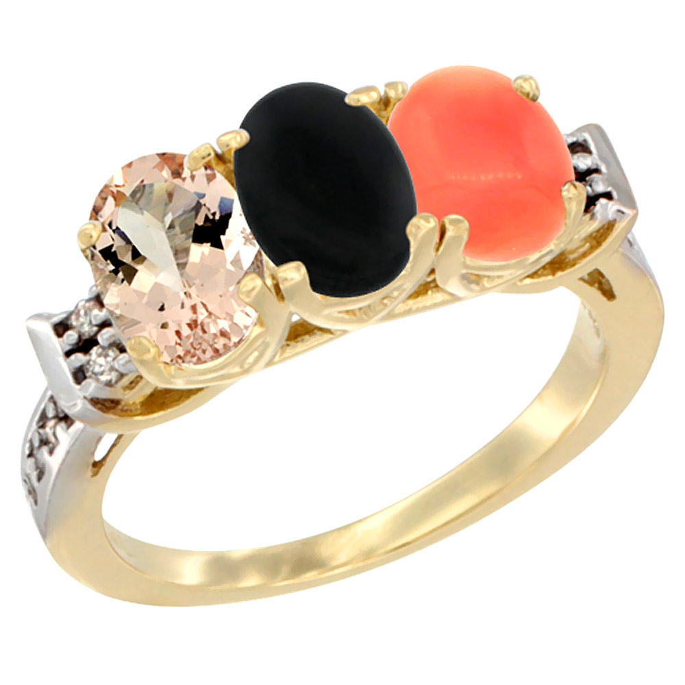 14K Yellow Gold Natural Morganite, Black Onyx & Coral Ring 3-Stone Oval 7x5 mm Diamond Accent, sizes 5 - 10
