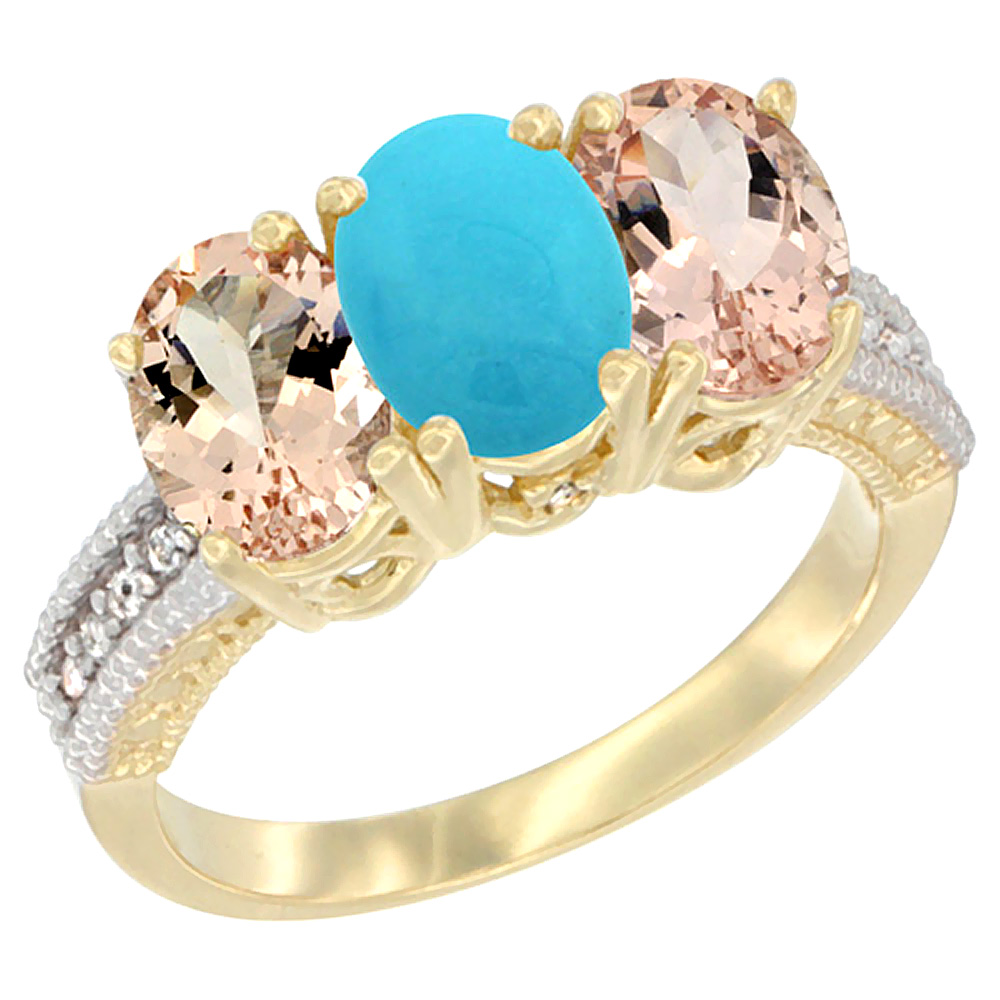 14K Yellow Gold Natural Turquoise & Morganite Sides Ring 3-Stone Oval 7x5 mm Diamond Accent, sizes 5 - 10