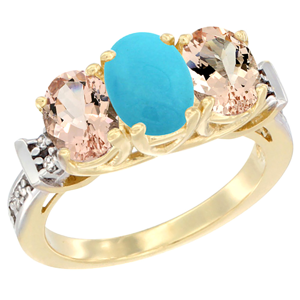 10K Yellow Gold Natural Turquoise & Morganite Sides Ring 3-Stone Oval Diamond Accent, sizes 5 - 10