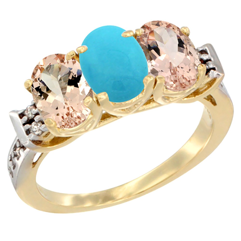 10K Yellow Gold Natural Turquoise & Morganite Sides Ring 3-Stone Oval 7x5 mm Diamond Accent, sizes 5 - 10