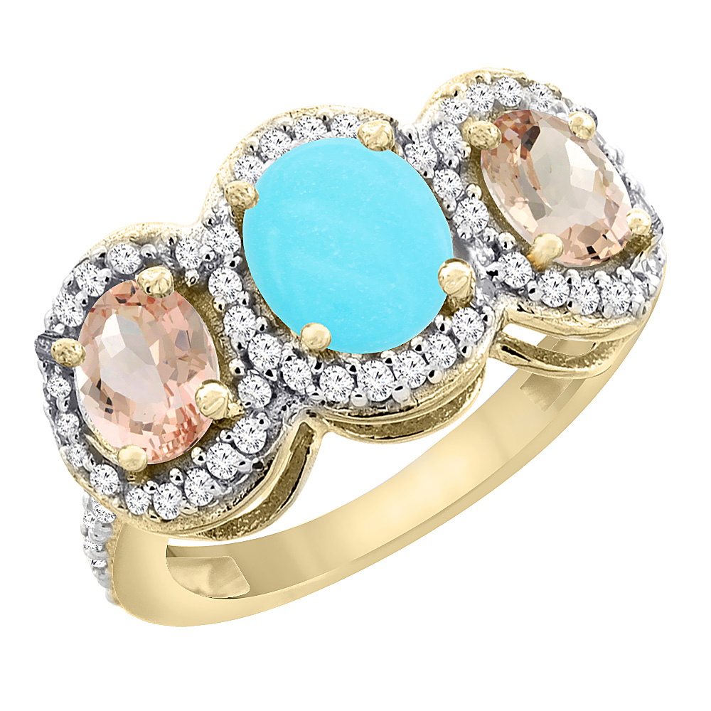 10K Yellow Gold Natural Turquoise &amp; Morganite 3-Stone Ring Oval Diamond Accent, sizes 5 - 10